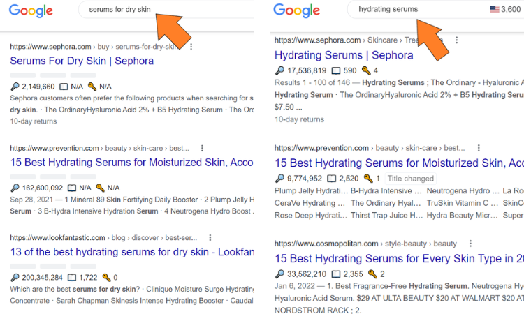 Muestra de resultados de búsqueda de Google para la búsqueda de cuidado de la piel