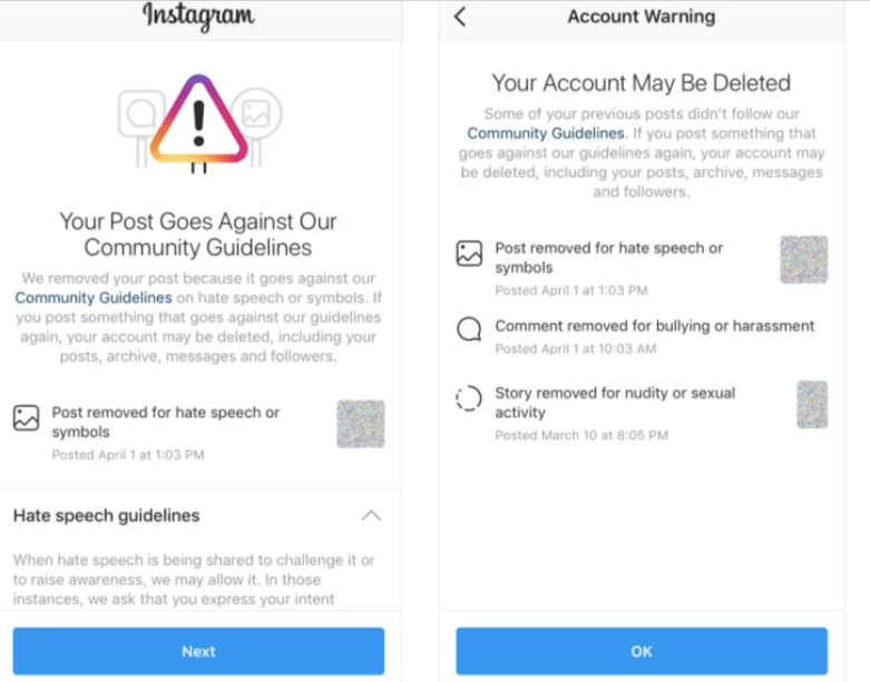Alerta de Instagram sobre contenido spam