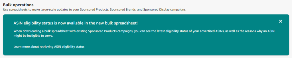 Toplu İşlemler ASIN uygunluk durumu güncellemesi