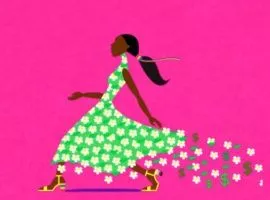 Abbildung einer schwarzen Frau, die ein fließendes grünes Kleid mit Blumen und Dollarzeichen trägt, das den Wiederverkauf darstellt