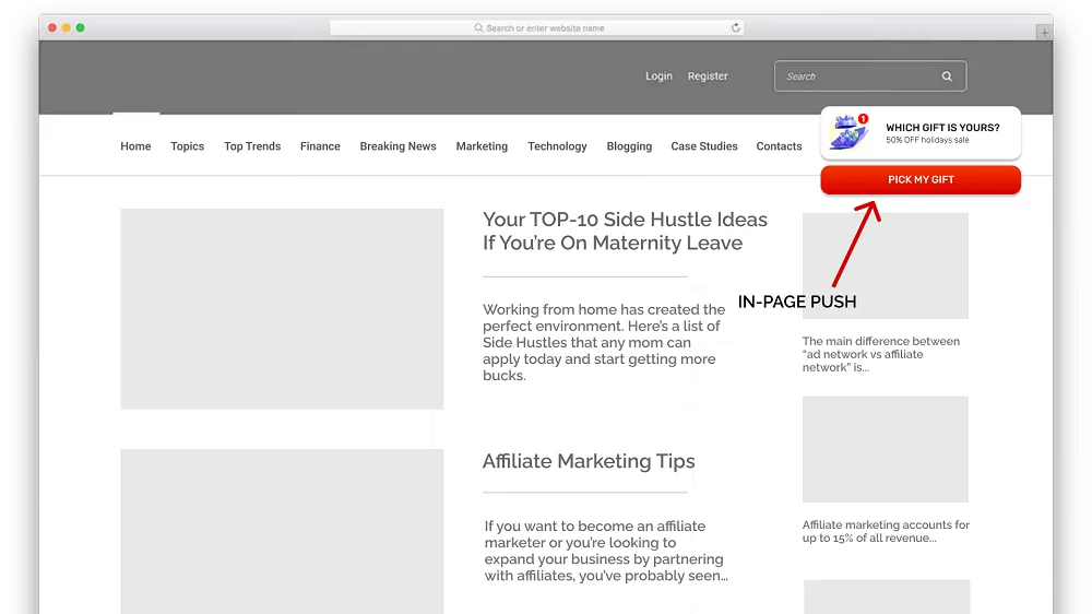 ตัวอย่างการแจ้งเตือนแบบพุชในหน้า