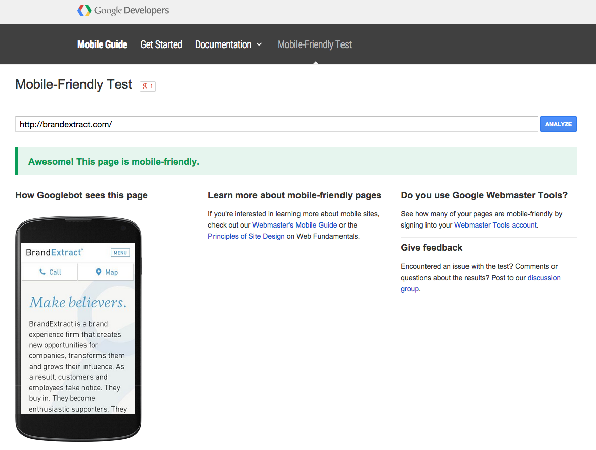 谷歌的移动友好测试示例 An example of a Google's mobile-friendly test