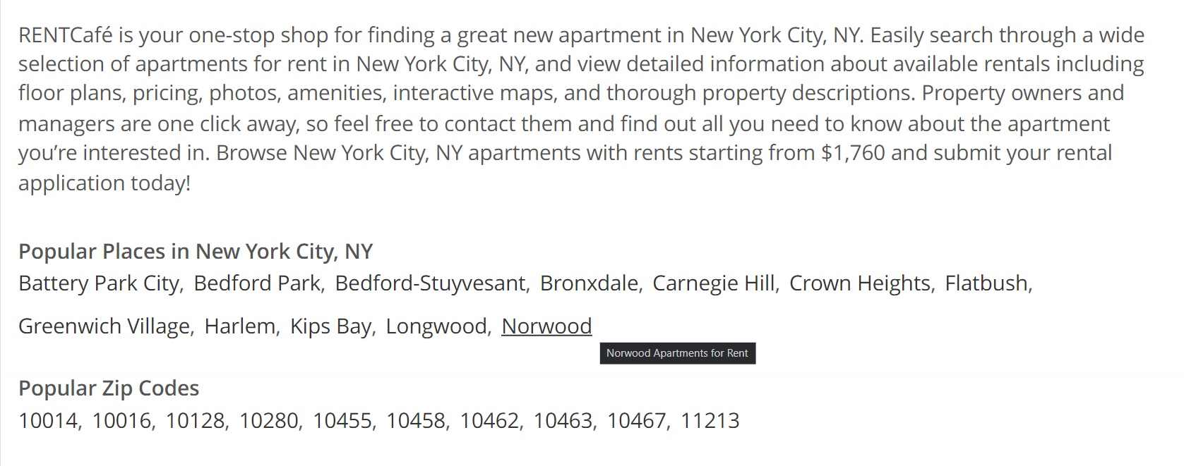 추가 내부 링크 섹션이 있는 Rentcafe.com SEO 텍스트의 스크린샷.