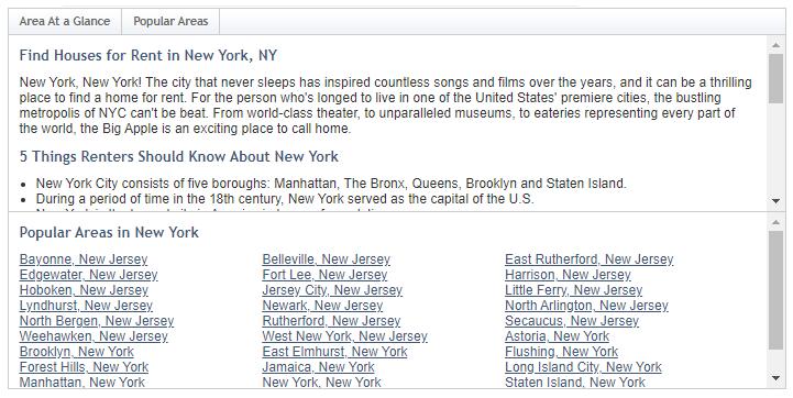 2014년 Rentals.com SEO 텍스트의 스크린샷.