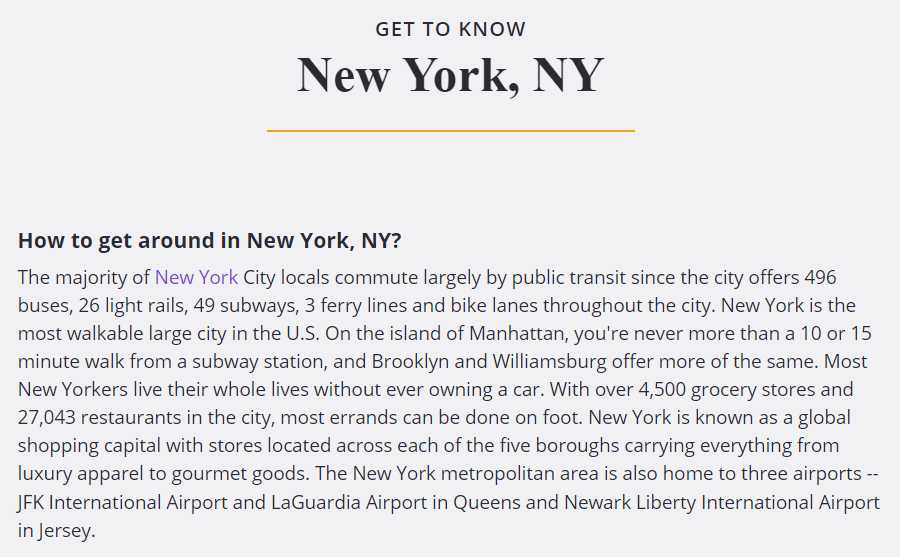 부동산 위치보다 여행지에 대한 설명처럼 들리는 아카이브된 카테고리 페이지의 SEO 텍스트 조각.