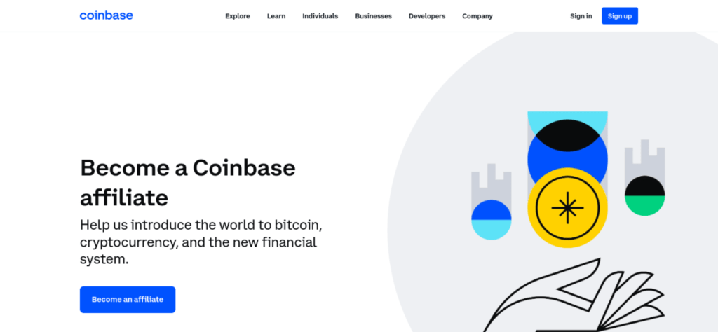 Pagina programului de afiliere Coinbase.
