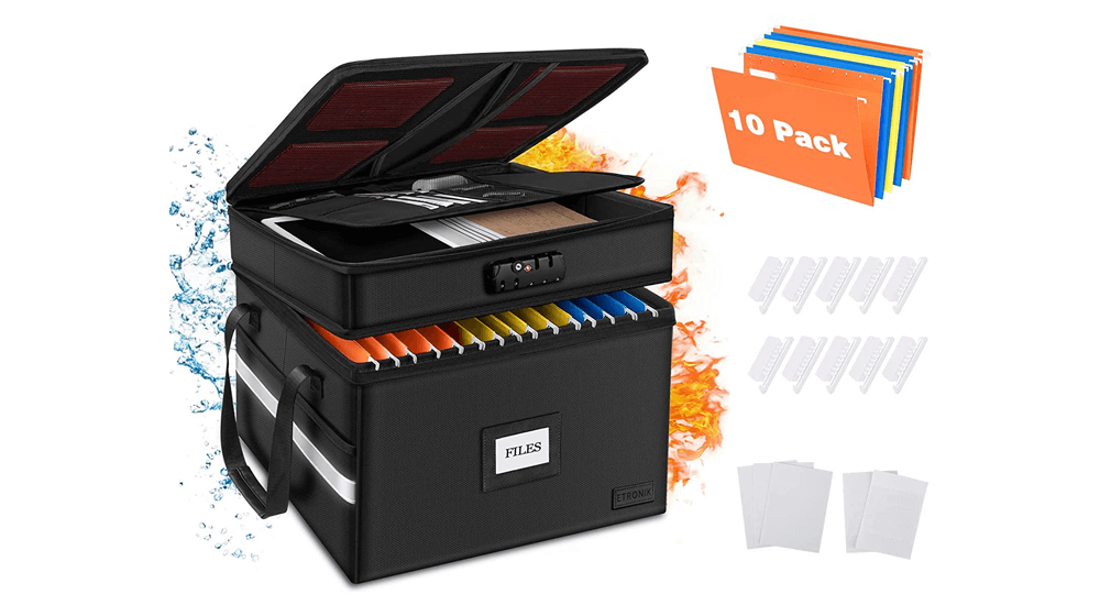 صندوق مستندات مقاوم للحريق مع 10 حزم من مجلدات الملفات المعلقة (حجم الرسالة)