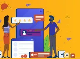 実物大のスマートフォンの隣に立っている有色人種の 2 人の画像は、デジタルで小売店やサービスにアクセスできることを表しています。モバイルカスタマーサービス.