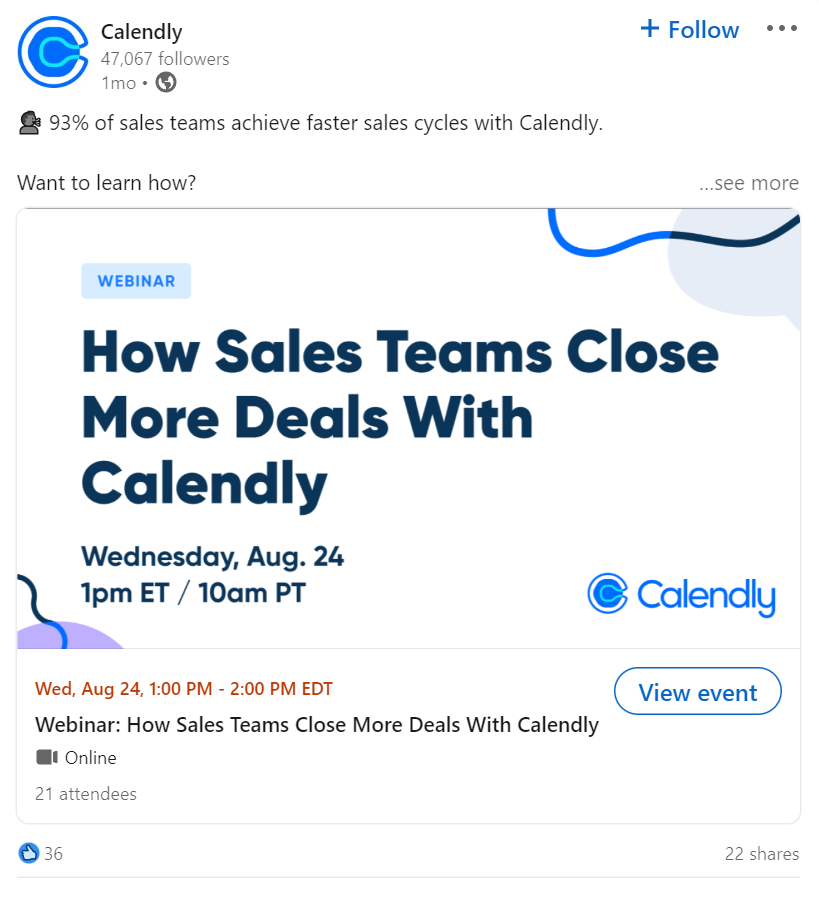 영업 팀이 서비스 웨비나를 통해 더 많은 거래를 성사시키는 방법을 홍보하는 포스트 링크드인
