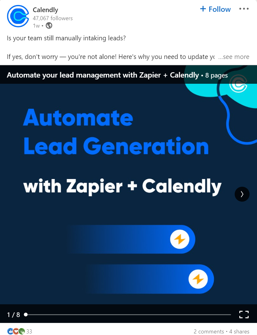calendly linkedin 게시물은 zapier 및 calendly로 리드 생성을 자동화하는 방법을 홍보합니다.