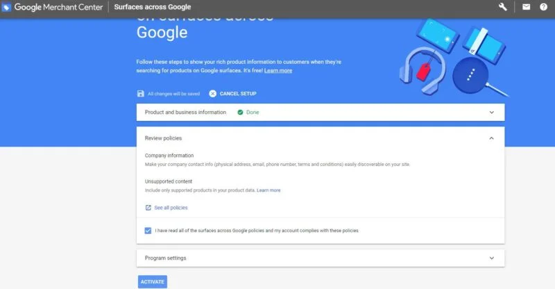 Google Merchant Center Активировать аккаунт