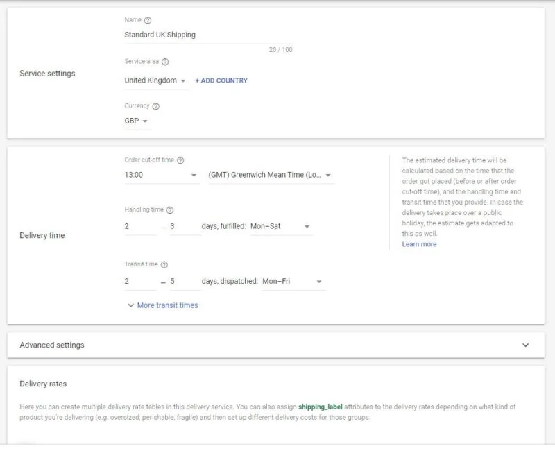 Google Merchant Center Добавить службу доставки