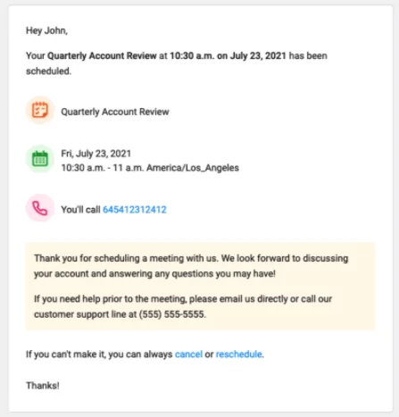預約確認電子郵件示例