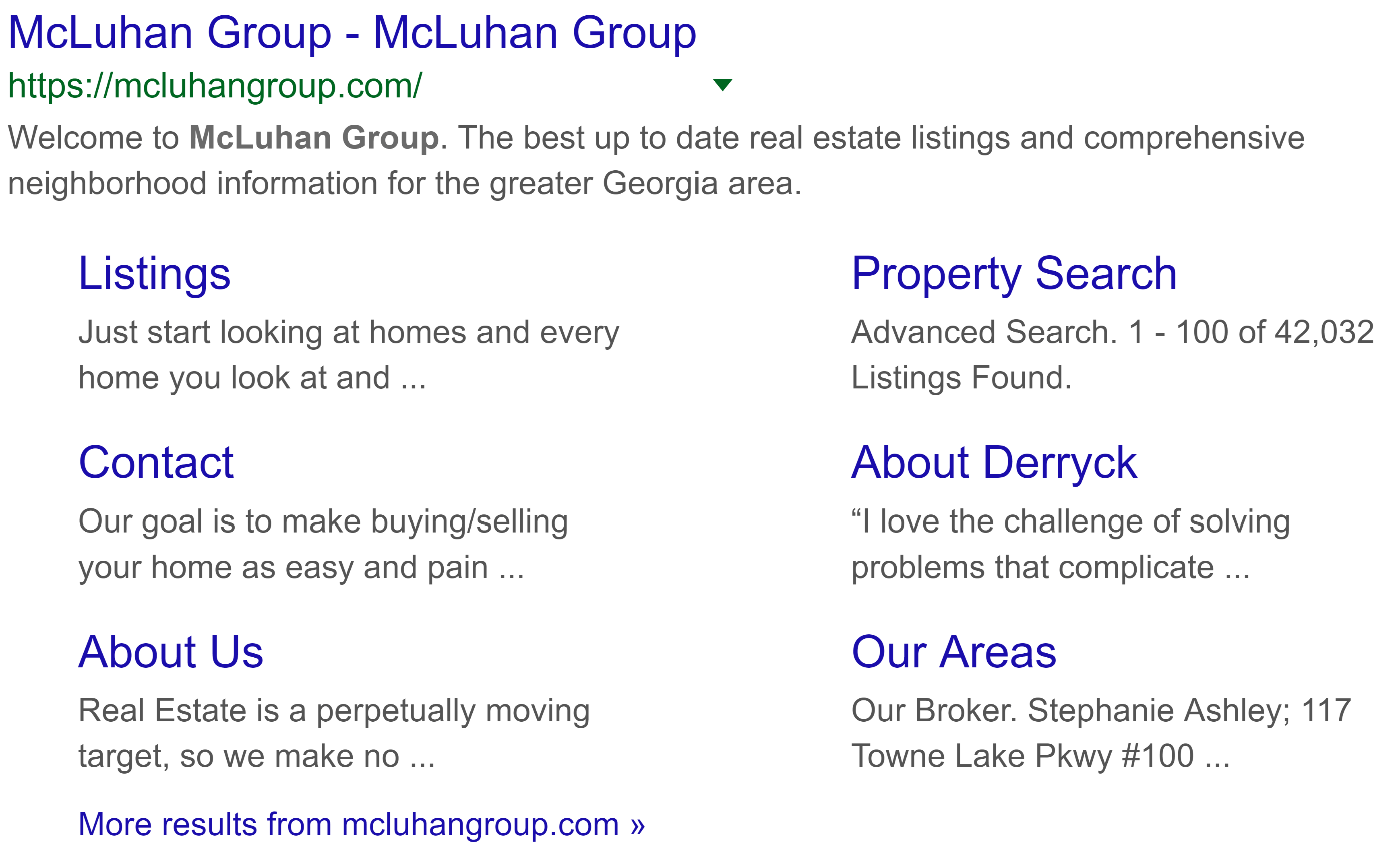 Emlak seosu için şema işaretlemesi kullanılarak bir arama sonucuna eklenen ek bağlantıların bir örneğini içeren Google arama sonucu