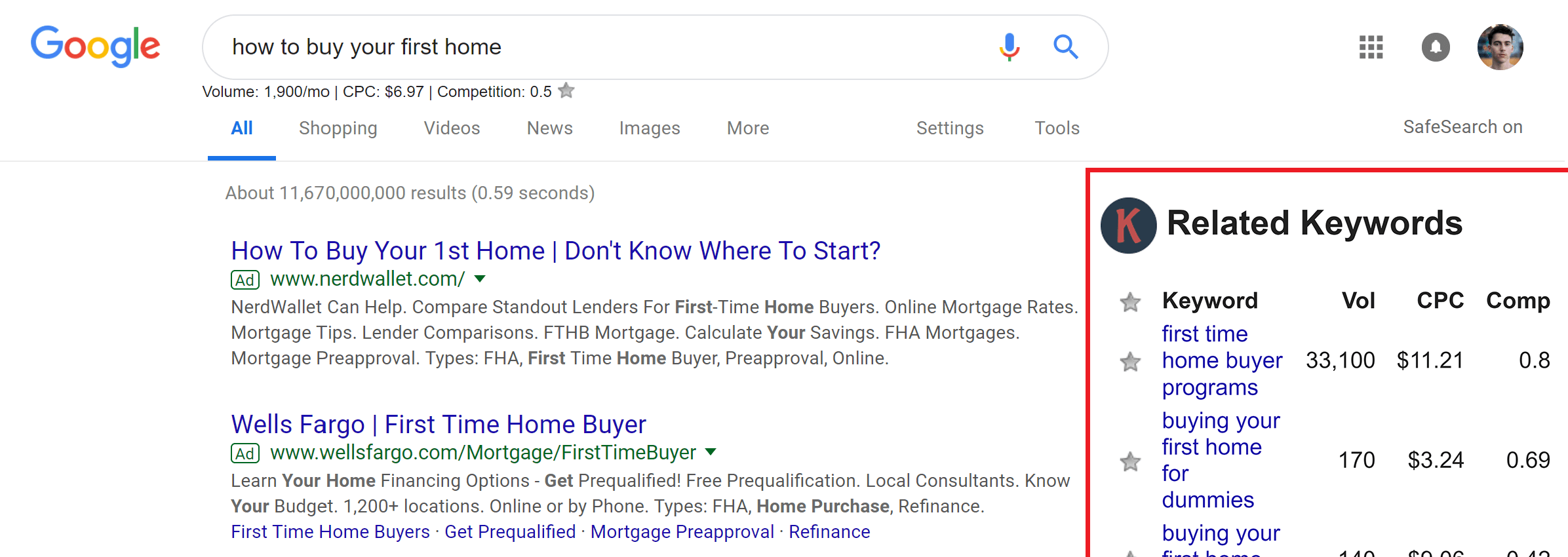 Her Yerde Anahtar Kelimeler Chrome Uzantısı tarafından bir Google emlak SEO aramasında görüntülenen ilgili anahtar kelime önerileri