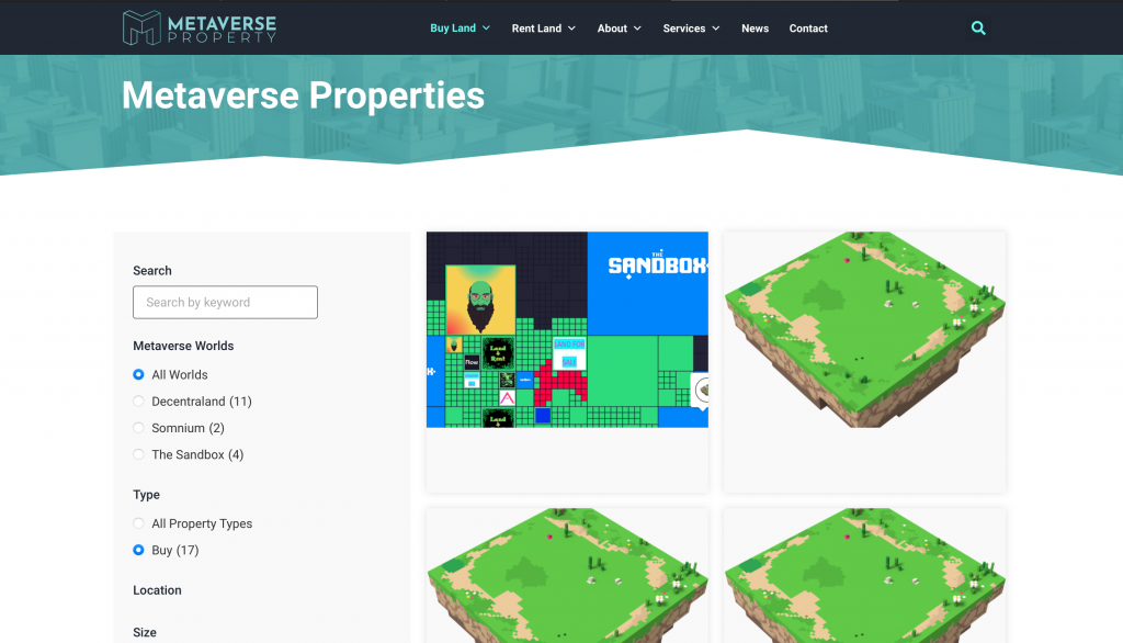 Página de listagem de terrenos do Metaverse