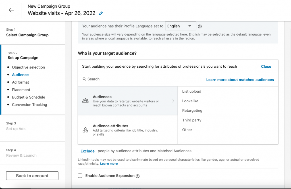 Веб-страница целевой аудитории Linkedin Campaign Manager