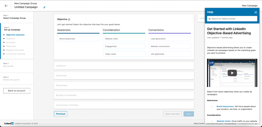 Веб-страница LinkedIn Campaign Manager — осведомленность, рассмотрение и преобразование