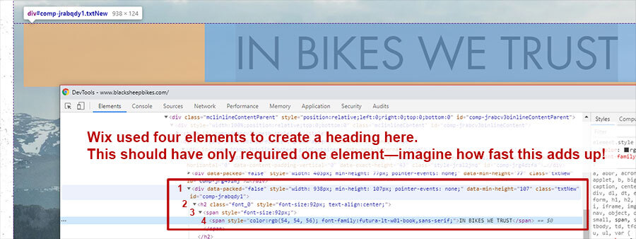 Kreator stron Wix użył czterech elementów do stworzenia nagłówka tutaj, wymagał tylko jednego elementu.