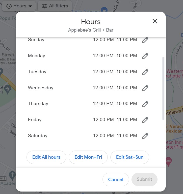 Przykład, jak to wygląda, gdy użytkownik sugeruje godziny aktualizacji strategii marketingowej franczyzy