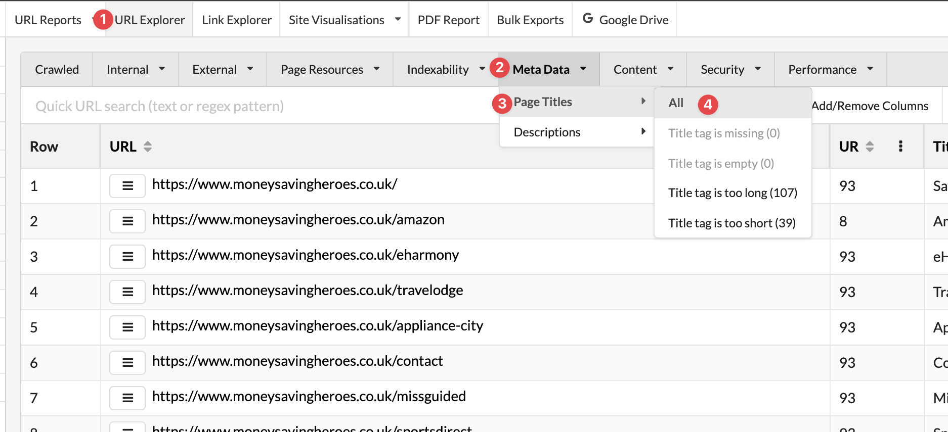 Jak znaleźć tytuły stron w eksploratorze adresów URL Sitebulb.