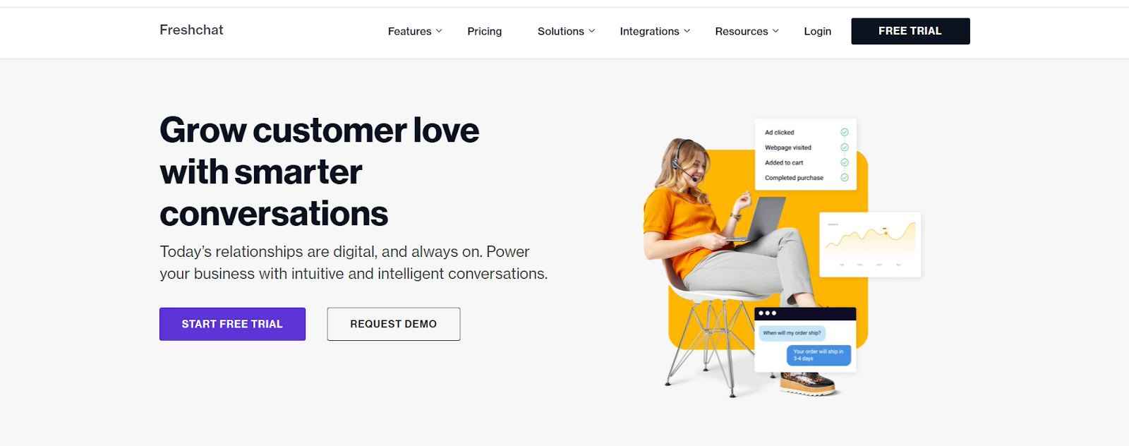 صفحة Freshchat الرئيسية مع نص يقول "تنمية حب العملاء من خلال محادثات أكثر ذكاءً".