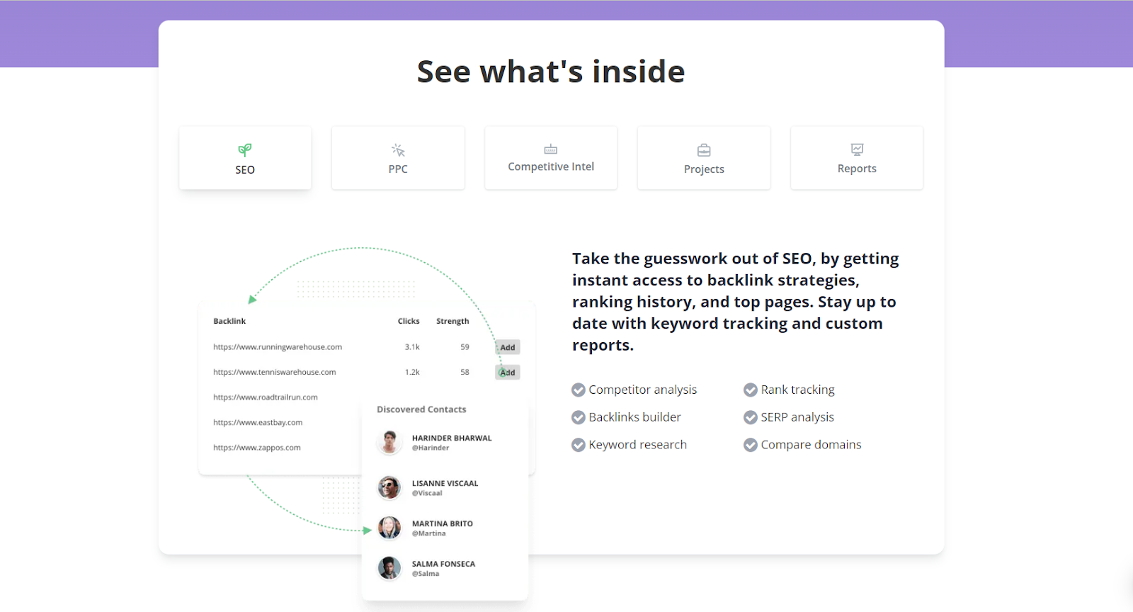 صفحة موقع SpyFu تحتوي على قائمة بالطرق التي يساعد بها النظام الأساسي في تحسين محركات البحث.