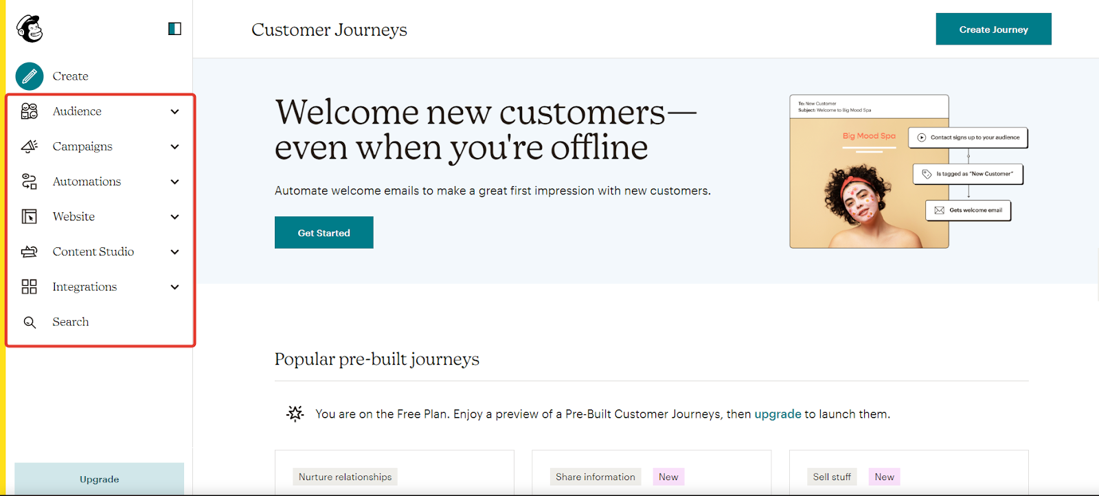 الصفحة الرئيسية لموقع Mailchimp ، والتي تضم جميع وظائفها.