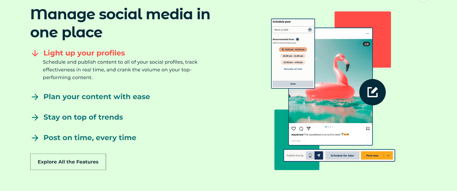 الصفحة الرئيسية لموقع Hootsuite ، والتي تعرض وظائفها الأساسية.