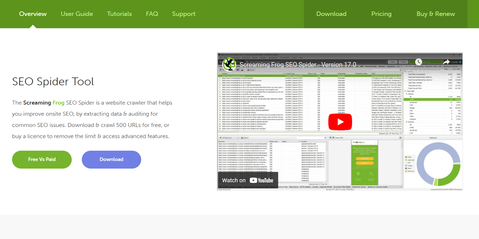 موقع ويب Screaming Frog مع وصف SEO Spider Tool.