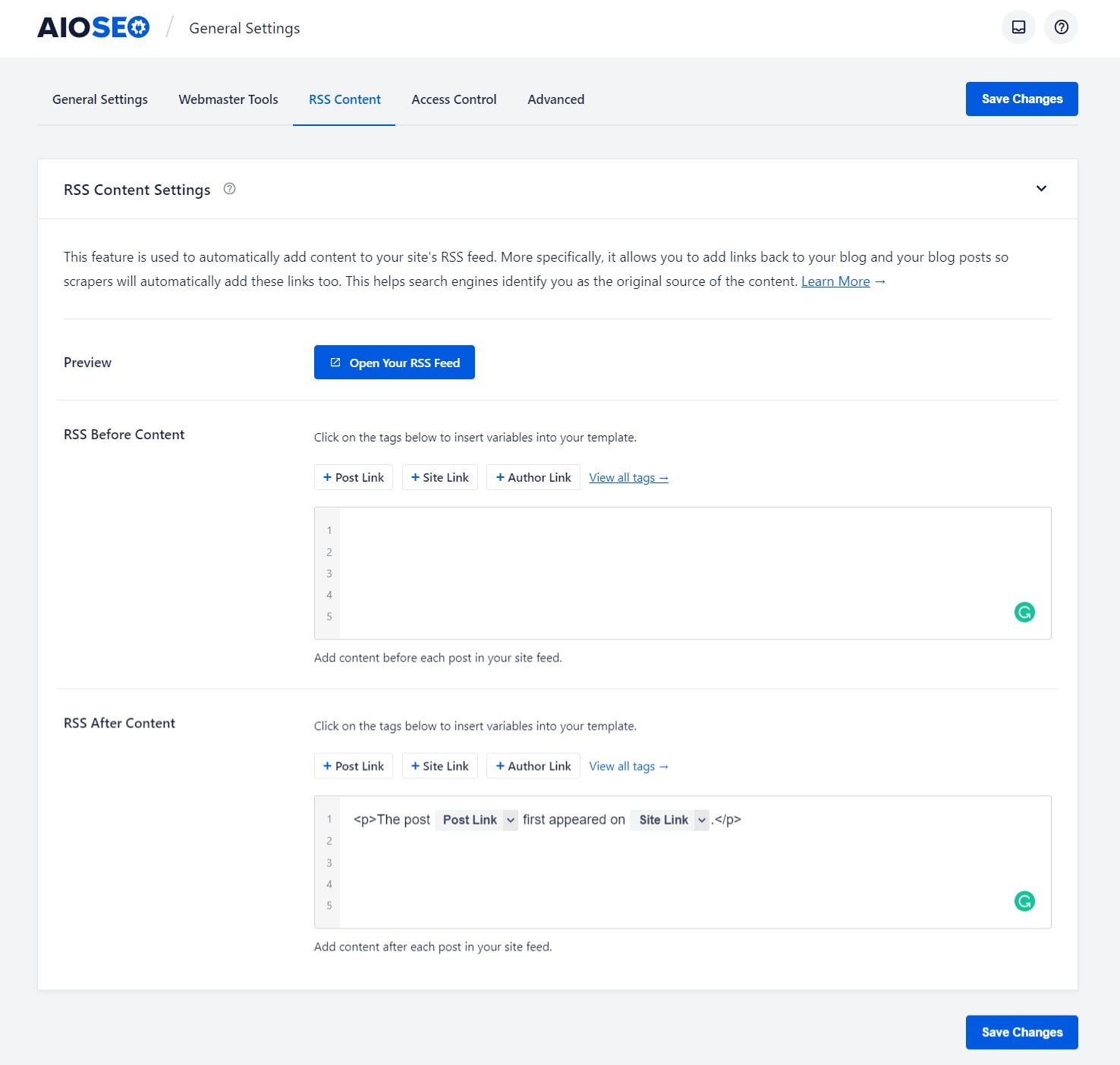 RSS コンテンツの設定