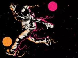 Sportlicher Astronaut, der einen Ball zwischen Sternen, Mond, Planeten und Galaxien kickt und ein SaaS-Verkaufstraining darstellt.