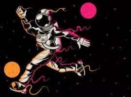 Astronauta sportivo che calcia un pallone tra stelle, luna, pianeti e galassie, in rappresentanza della formazione alle vendite SaaS.