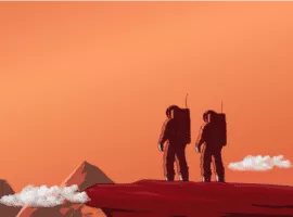 Eine Illustration im Retro-Cartoon-Stil eines Astronautenpaares, das auf einem fremden Planeten mit anderen Planeten und einer Bergkette im Hintergrund steht, was Verkaufsprognosen bedeutet.