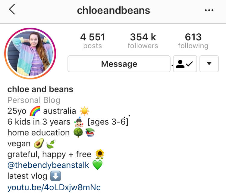 Instagram 약력 예시: Chloe and Beans