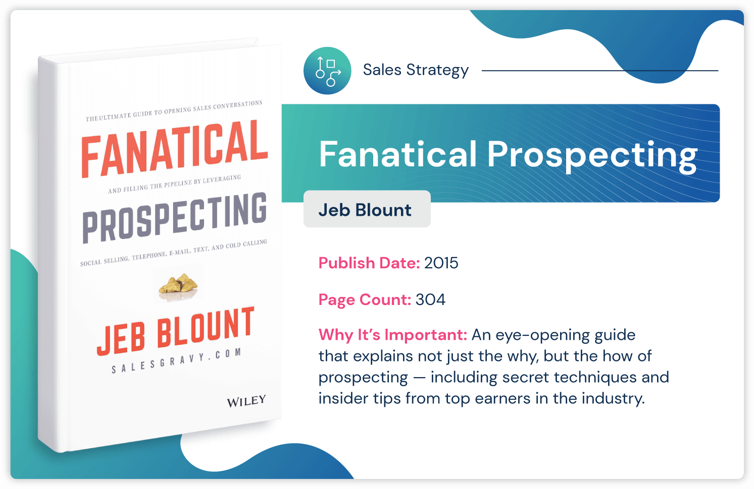 Книга по стратегии продаж «Fanatical Prospecting» Джеба Блаунта с советами по поиску инсайдеров, опубликованная в 2015 году и 304 страницы.