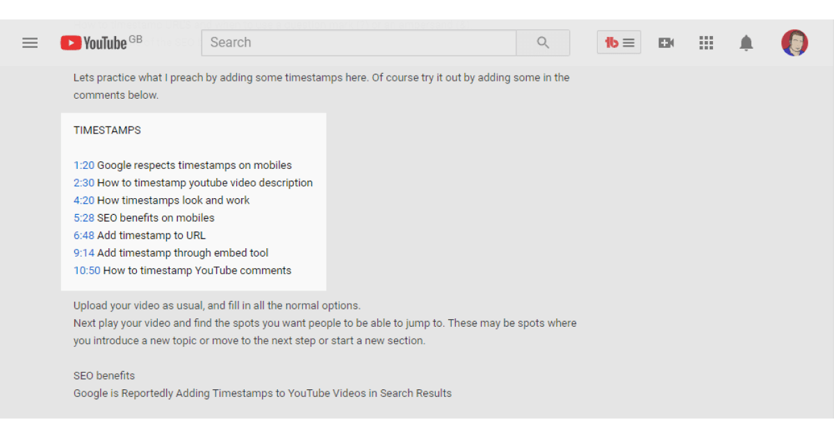 carimbo de data/hora do youtube