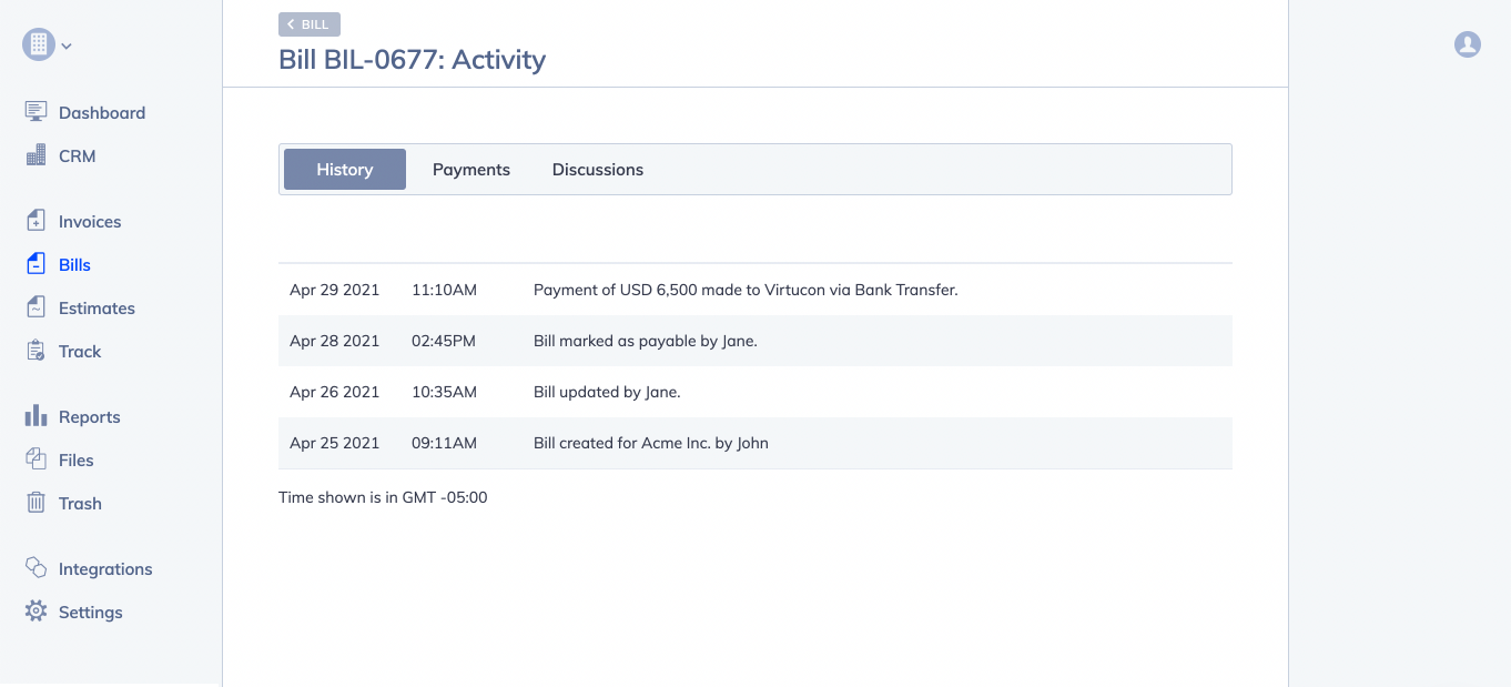 Hiveage의 Bill 활동 스크린샷.