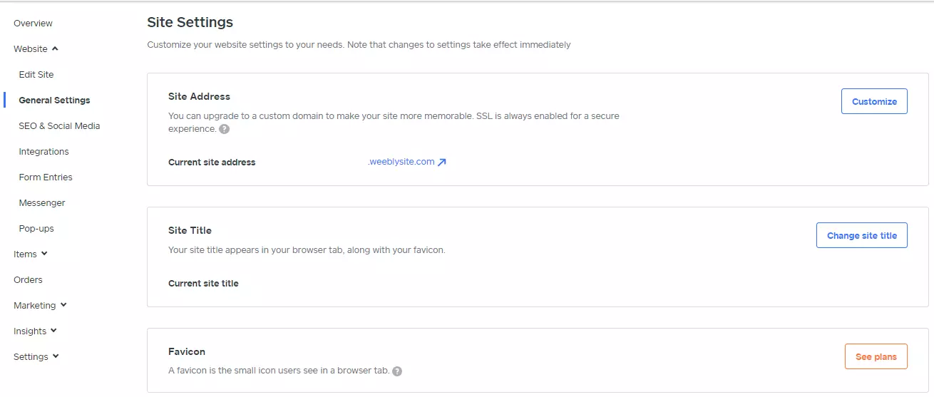 Dasbor admin Weebly