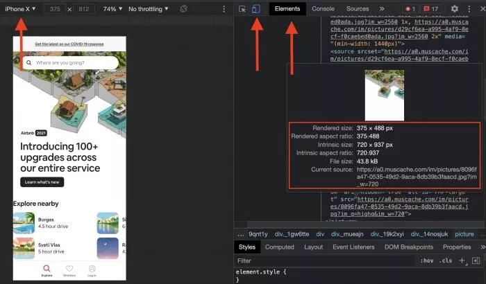 Tamaño de imagen de Chrome DevTools