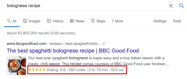 Ejemplo de receta boloñesa de datos estructurados