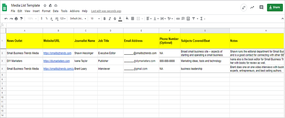 modèle de liste de médias