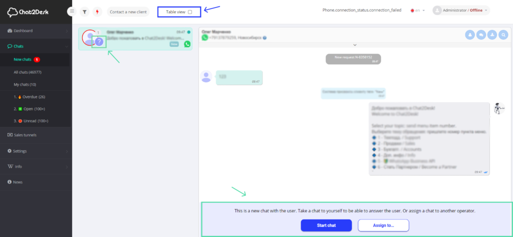 chat2desk ユーザー インターフェイス