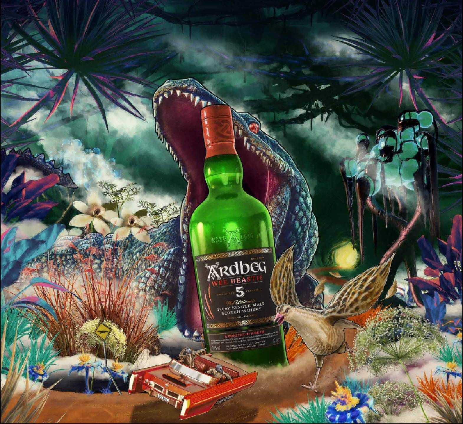 Sebotol Wee Beastie dengan latar belakang fiksi ilmiah