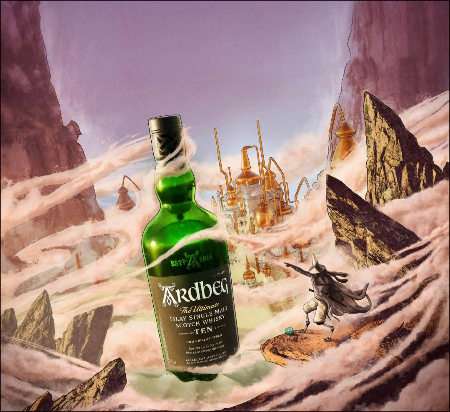 Sebotol Ardbeg Berusia 10 Tahun di depan panel dari "Planet Ardbeg"