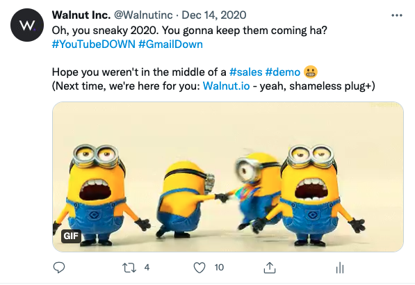 youtube がダウンしていることを示す Twitter 投稿のスクリーンショット。