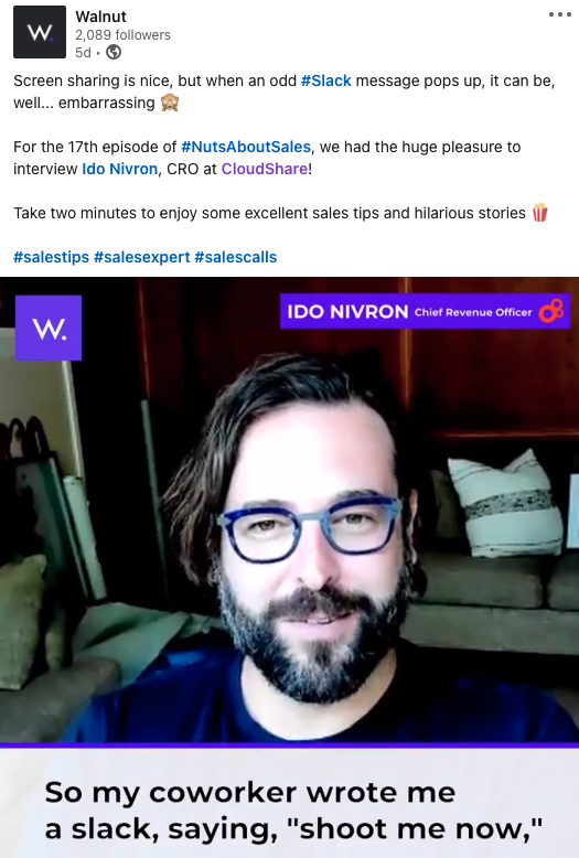 Cloudshare の Ido Nivron CRO の顔写真を含む Linkedin 投稿のスクリーンショット。