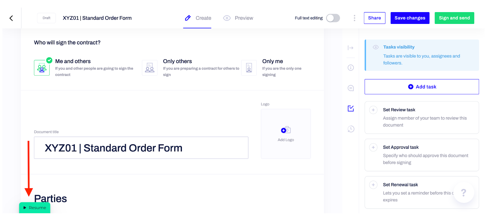 ejemplo de botón de reanudación de demostración de contractbook