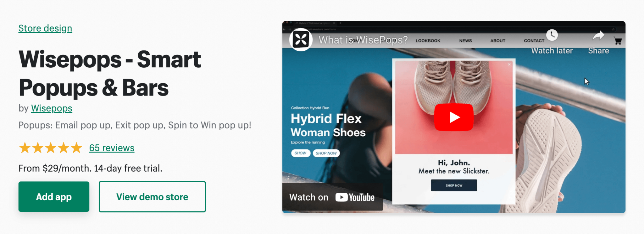 конструктор всплывающих окон wisepops, страница приложения Shopify