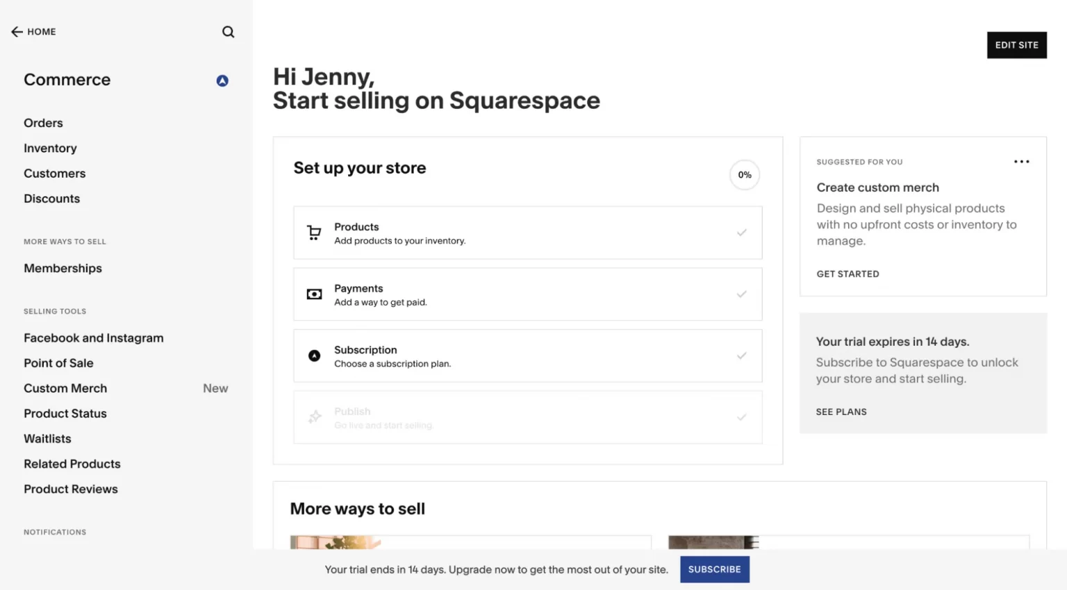 Tabloul de bord Squarespace